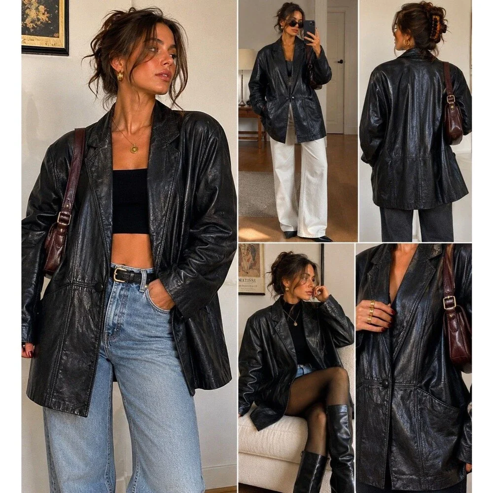 (R1) G III Women's Vintage 80s Black Leather Blazer, Size L, Biker Style
